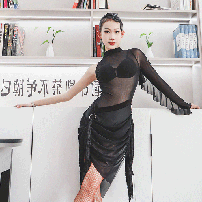 YJFY Women's Black Tassel Latin Dance Dress Dance Wear Training Performance Dress