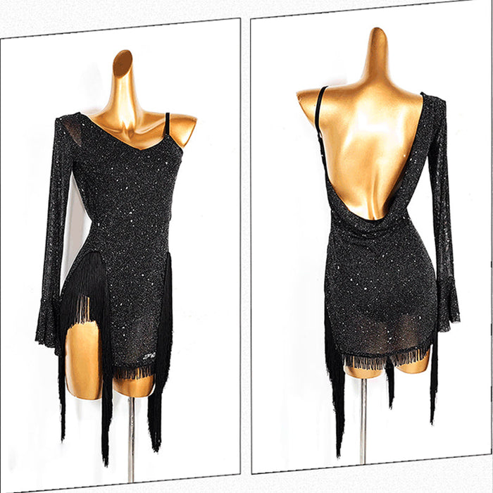 YJFY Women's Black Tassel Latin Dance Dress Dance Wear Training Performance Dress