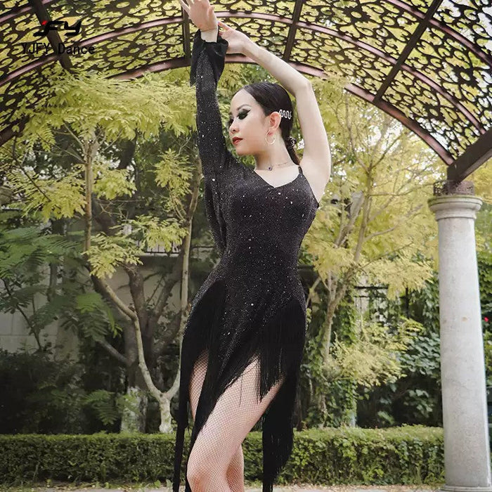 YJFY Women's Black Tassel Latin Dance Dress Dance Wear Training Performance Dress