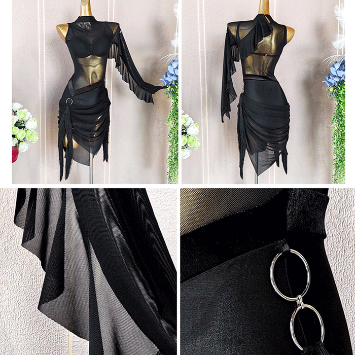 YJFY Women's Black Tassel Latin Dance Dress Dance Wear Training Performance Dress