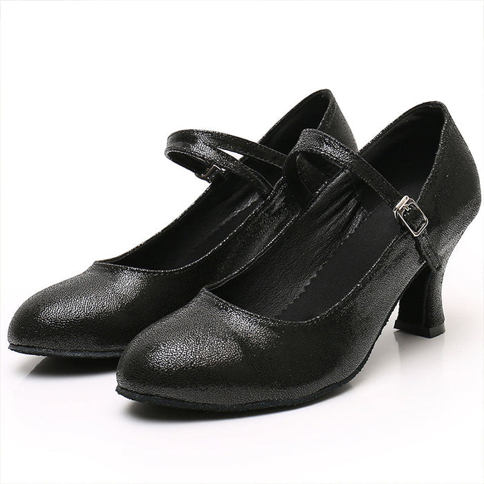 YW Women's Black Real Leather Customized Heels Ballroom Dance Shoes Modern Dance Shoes