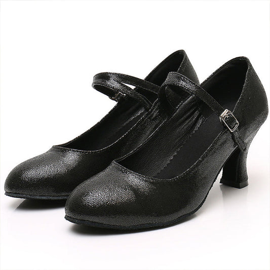 YW Women's Black Real Leather Customized Heels Ballroom Dance Shoes Modern Dance Shoes