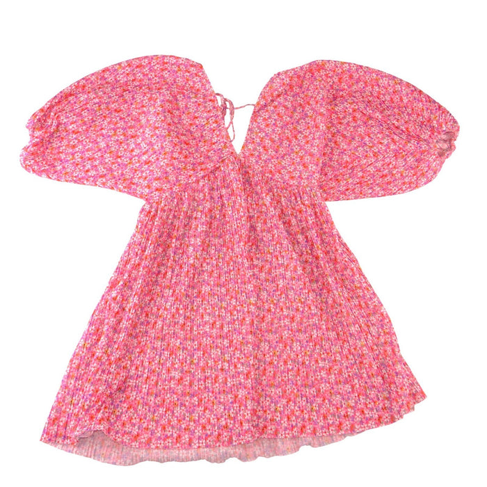 Zara Pink Floral Pleated Puff Sleeve Mini Dress V Neck Tie Back Small0