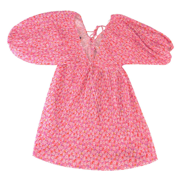 Zara Pink Floral Pleated Puff Sleeve Mini Dress V Neck Tie Back Small2