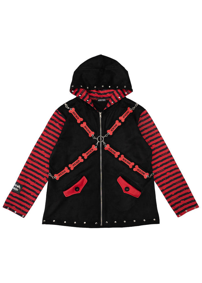 ACDC Rag Zero Dark Gothic Black Red Oversized Zip Jacket with cross harness straps and O-ring hardware — front view