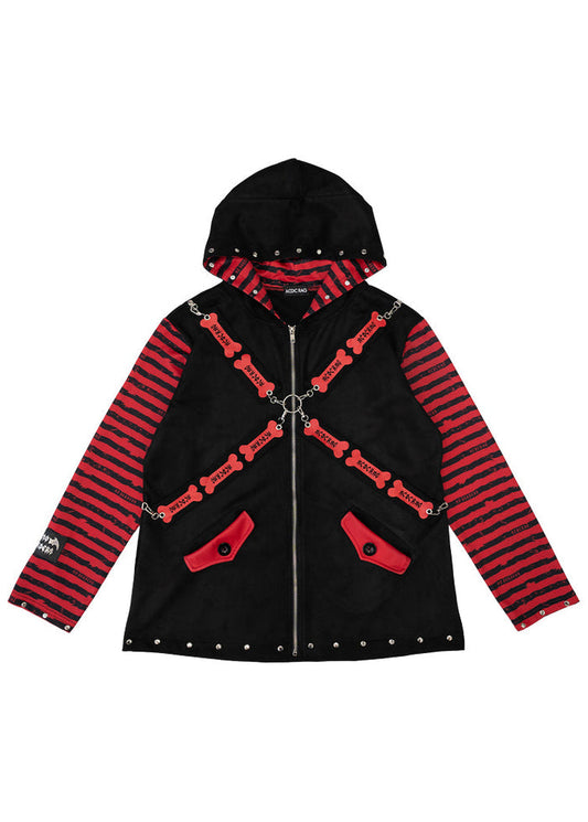 ACDC Rag Zero Dark Gothic Black Red Oversized Zip Jacket with cross harness straps and O-ring hardware — front view