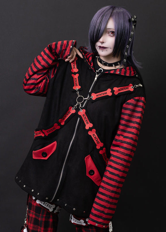 ACDC Rag Zero Dark Gothic Black Red Oversized Zip Jacket on model — front view