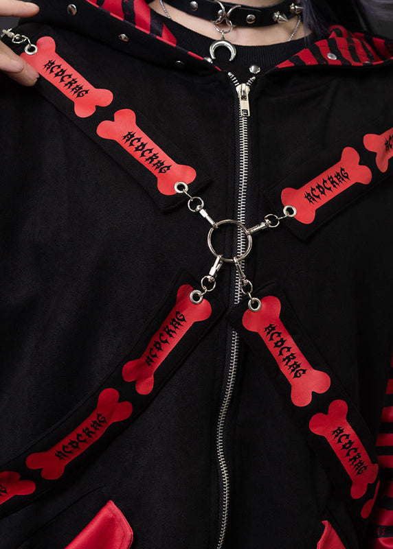 ACDC Rag Zero Dark Gothic Black Red Oversized Zip Jacket close-up of cross harness strap and O-ring detail