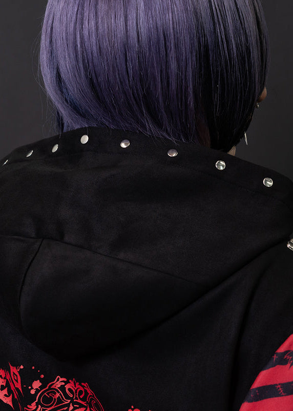 ACDC Rag Zero Dark Gothic Black Red Oversized Zip Jacket close-up of silver stud trim along hem