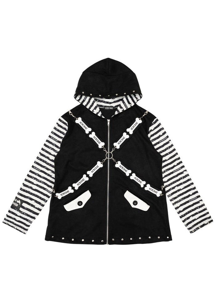 ACDC Rag Zero Dark Gothic Black White Oversized Zip Jacket with cross harness straps and O-ring hardware — front view