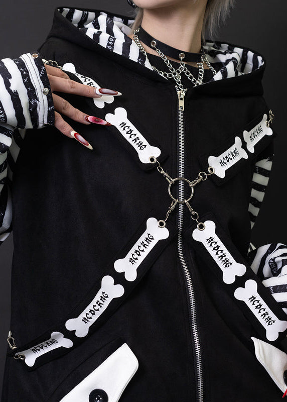 ACDC Rag Zero Dark Gothic Black White Oversized Zip Jacket close-up of cross harness strap and O-ring detail