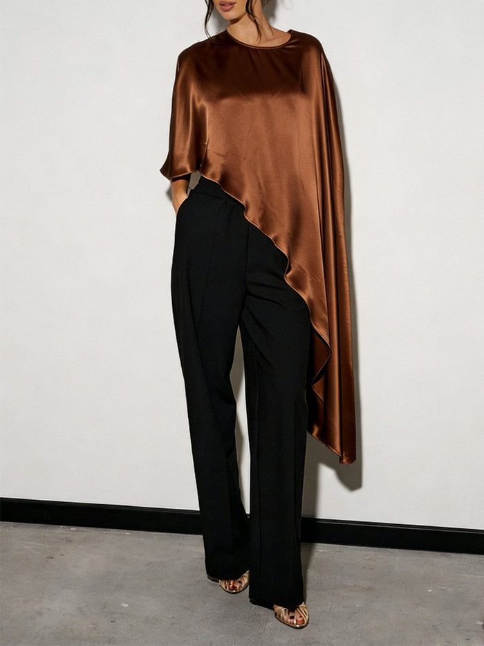 Zuka Asymmentric Hem Cape Top - Brown